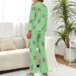 image of a woman wearing a green pajamas set for women - english bulldog pajamas set for women - back view
