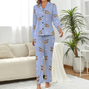 image of a woman wearing a lavender pajamas set for women - english bulldog pajamas set for women