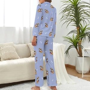 image of a woman wearing a lavender pajamas set for women - english bulldog pajamas set for women -back view
