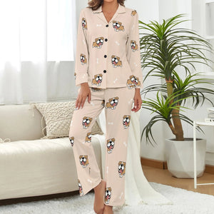 image of a woman wearing a beige pajamas set for women - english bulldog pajamas set for women