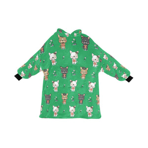 image of a green french bulldog blanket hoodie for kids