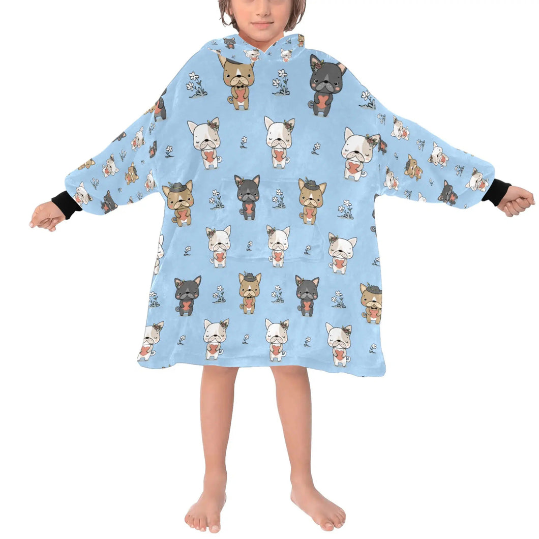 image of a kid wearing a french bulldog blanket hoodie for kids - light blue
