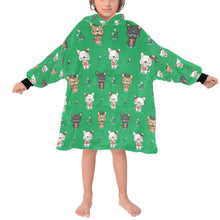 Load image into Gallery viewer, image of a kid wearing a french bulldog blanket hoodie for kids - green