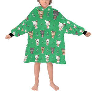 image of a kid wearing a french bulldog blanket hoodie for kids - green