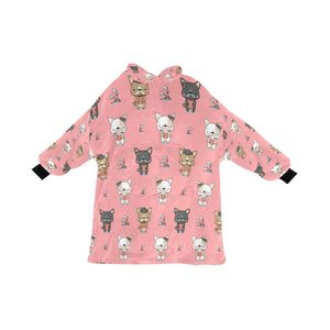 image of a light pink french bulldog blanket hoodie for kids