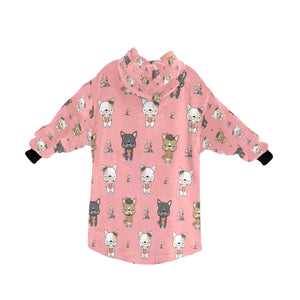 image of a light pink french bulldog blanket hoodie for kids - back view