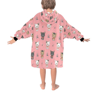 image of a light pink french bulldog blanket hoodie for kids- back view