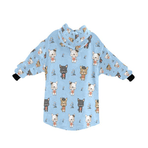 image of a light blue french bulldog blanket hoodie for kids - back view