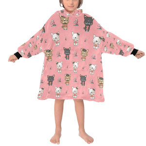 image of a kid wearing a french bulldog blanket hoodie for kids - light pink
