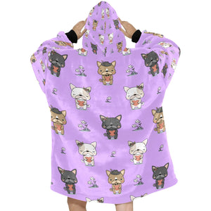 image of a purple french bulldog themed blanket hoodie for women - back view