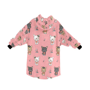 image of a light pink french bulldog themed blanket hoodie for women