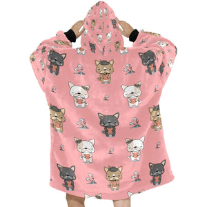 image of a light pink french bulldog themed blanket hoodie for women - back view