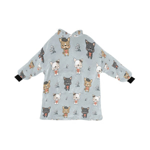 image of a grey french bulldog themed blanket hoodie for women