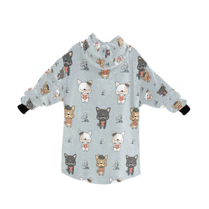 image of a grey french bulldog themed blanket hoodie for women - back view