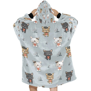 image of a grey french bulldog themed blanket hoodie for women - back view 