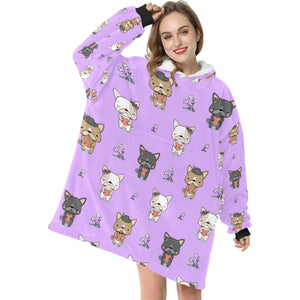 image of a woman wearing a french bulldog blanket hoodie - purple