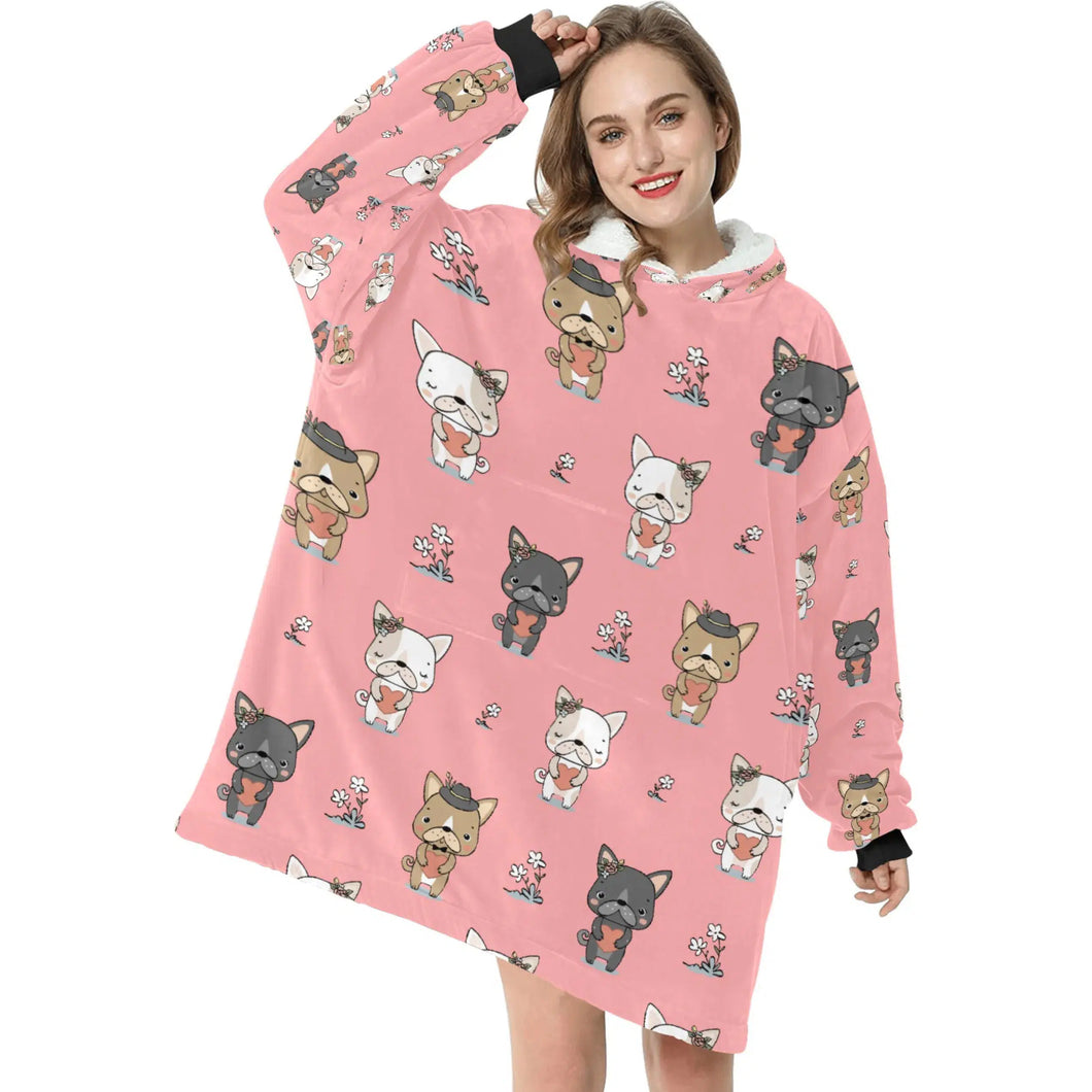 image of a woman wearing a french bulldog blanket hoodie - light pink 