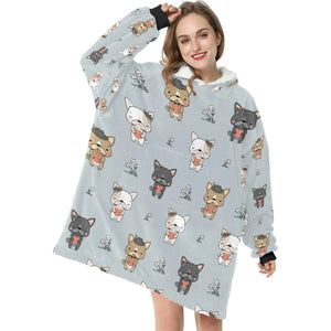 image of a woman wearing a french bulldog blanket hoodie - grey