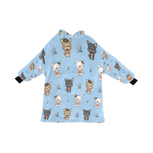 image of a light blue french bulldog themed blanket hoodie for women