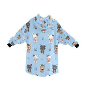 image of a light blue french bulldog themed blanket hoodie for women - back view