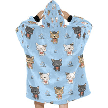 Load image into Gallery viewer, image of a light blue french bulldog themed blanket hoodie for women - back view