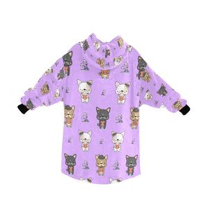 image of a purple french bulldog themed blanket hoodie for women - back view