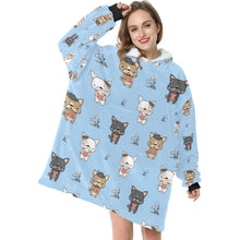 Load image into Gallery viewer, image of a woman wearing a french bulldog blanket hoodie - light blue 