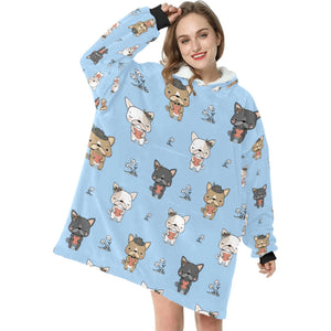 image of a woman wearing a french bulldog blanket hoodie - light blue 