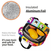 Open image of an insulated French Bulldog lunch bag with exterior pocket in infinite French Bulldog design