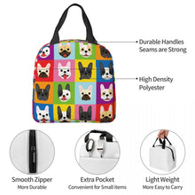 Load image into Gallery viewer, Information detail image of an insulated French Bulldog lunch bag with exterior pocket in infinite French Bulldog design