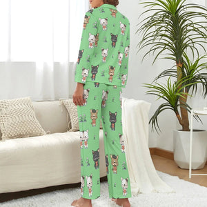 image of a woman wearing a green pajamas set for women - green french bulldog pajamas set for women - back view