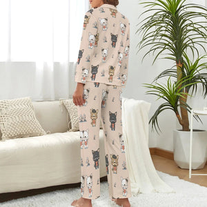 image of a woman wearing a beige pajamas set for women - beige french bulldog pajamas set for women - back view