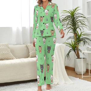 image of a green pink pajamas set - green french bulldog pajamas set for women