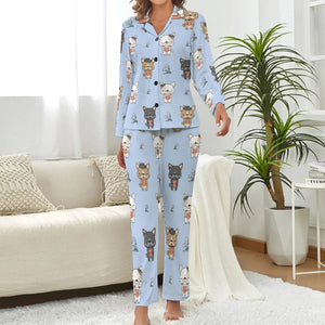 image of a woman wearing a blue pajamas set for women - blue french bulldog pajamas set for women