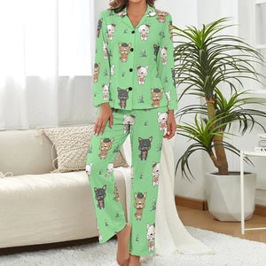 image of a woman wearing a green pajamas set for women - green french bulldog pajamas set for women
