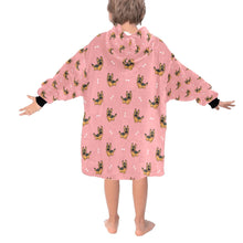 Load image into Gallery viewer, Image of a kid wearing a German shepherd blanket hoodie in pink color with a white background - back view