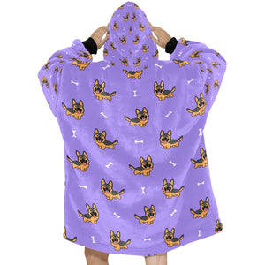 image of a purple german shepherd blanket hoodie for women - back view