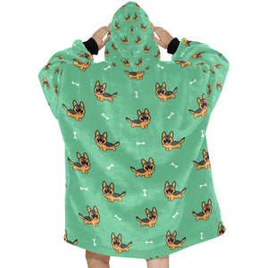 image of a green german shepherd blanket hoodie for women - back view