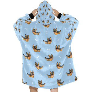 image of a light blue german shepherd blanket hoodie for women - back view