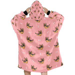 image of a light pink german shepherd blanket hoodie for women - back view