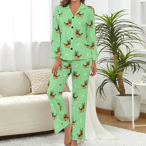 image of a woman wearing a green pajamas set for women - german shepherd pajamas set for women