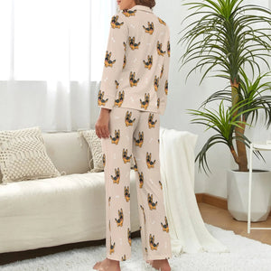 image of a woman wearing a beige pajamas set for women - german shepherd pajamas set for women- back view