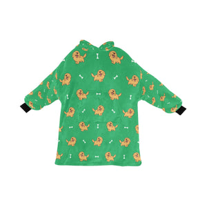 image of a green colored golden retriever blanket hoodie for kids  - back view
