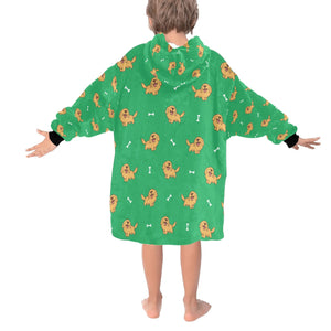 image of a green colored golden retriever blanket hoodie for kids  - back view