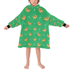 image of a kid wearing a golden retriever blanket hoodie for kids  - green