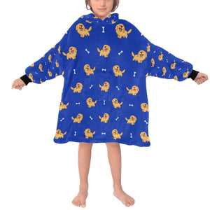 image of a kid wearing a golden retriever blanket hoodie for kids  - dark blue