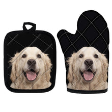 Load image into Gallery viewer, image of golden retriever oven mitten gloves and pot holder set for cooking