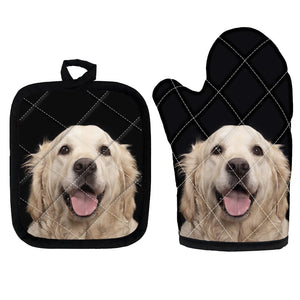 image of golden retriever oven mitten gloves and pot holder set for cooking