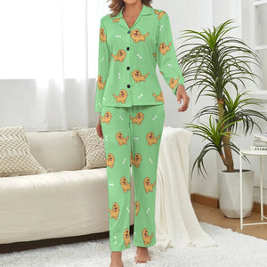 image of a woman wearing green pajamas set for women - golden retriever pajamas set for women 