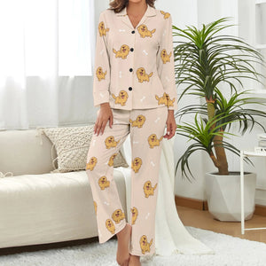 image of a woman wearing beige pajamas set for women - golden retriever pajamas set for women 
